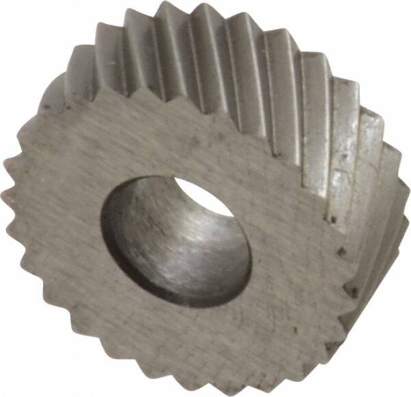 Made in USA - 1/2" Diam, 90° Tooth Angle, 20 TPI, Standard (Shape), Form Type High Speed Steel Left-Hand Diagonal Knurl Wheel - 3/16" Face Width, 3/16" Hole, Circular Pitch, 30° Helix, Bright Finish, Series EP - Exact Tooling