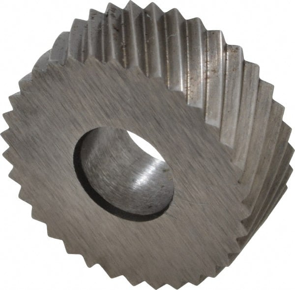 Made in USA - 1/2" Diam, 90° Tooth Angle, 25 TPI, Standard (Shape), Form Type High Speed Steel Left-Hand Diagonal Knurl Wheel - 3/16" Face Width, 3/16" Hole, Circular Pitch, 30° Helix, Bright Finish, Series EP - Exact Tooling