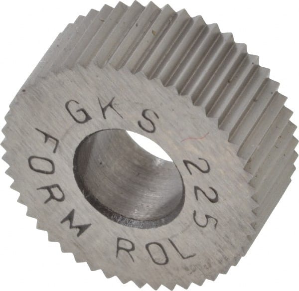Made in USA - 5/8" Diam, 90° Tooth Angle, 25 TPI, Standard (Shape), Form Type High Speed Steel Straight Knurl Wheel - 1/4" Face Width, 1/4" Hole, Circular Pitch, Bright Finish, Series GK - Exact Tooling