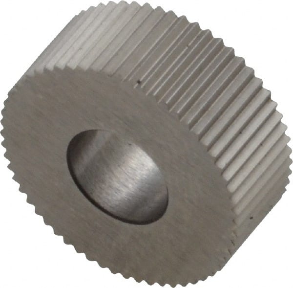Made in USA - 5/8" Diam, 90° Tooth Angle, 30 TPI, Standard (Shape), Form Type High Speed Steel Straight Knurl Wheel - 1/4" Face Width, 1/4" Hole, Circular Pitch, Bright Finish, Series GK - Exact Tooling
