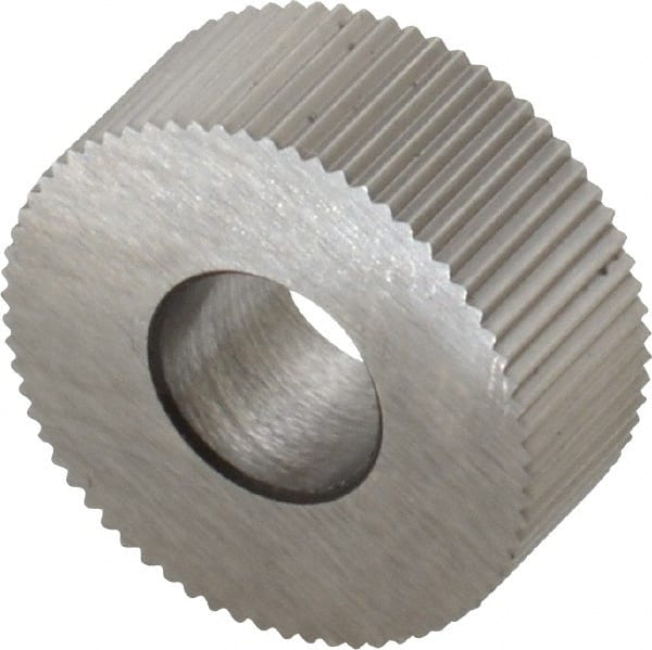 Made in USA - 5/8" Diam, 90° Tooth Angle, 35 TPI, Standard (Shape), Form Type High Speed Steel Straight Knurl Wheel - 1/4" Face Width, 1/4" Hole, Circular Pitch, Bright Finish, Series GK - Exact Tooling