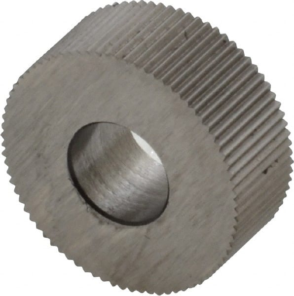 Made in USA - 5/8" Diam, 90° Tooth Angle, 40 TPI, Standard (Shape), Form Type High Speed Steel Straight Knurl Wheel - 1/4" Face Width, 1/4" Hole, Circular Pitch, Bright Finish, Series GK - Exact Tooling