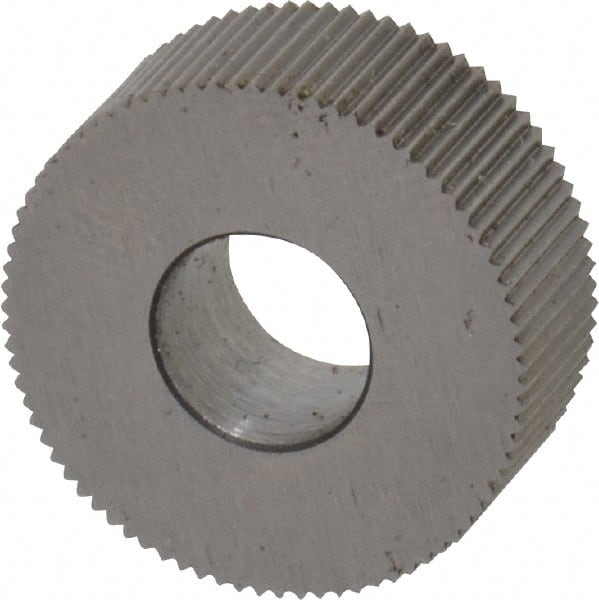 Made in USA - 5/8" Diam, 90° Tooth Angle, 41 TPI, Standard (Shape), Form Type High Speed Steel Straight Knurl Wheel - 1/4" Face Width, 1/4" Hole, Circular Pitch, Bright Finish, Series GK - Exact Tooling