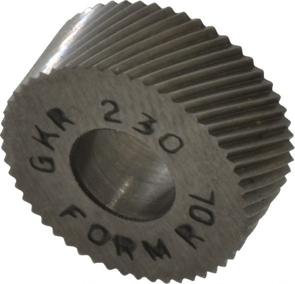 Made in USA - 5/8" Diam, 90° Tooth Angle, 30 TPI, Standard (Shape), Form Type High Speed Steel Right-Hand Diagonal Knurl Wheel - 1/4" Face Width, 1/4" Hole, Circular Pitch, 30° Helix, Bright Finish, Series GK - Exact Tooling