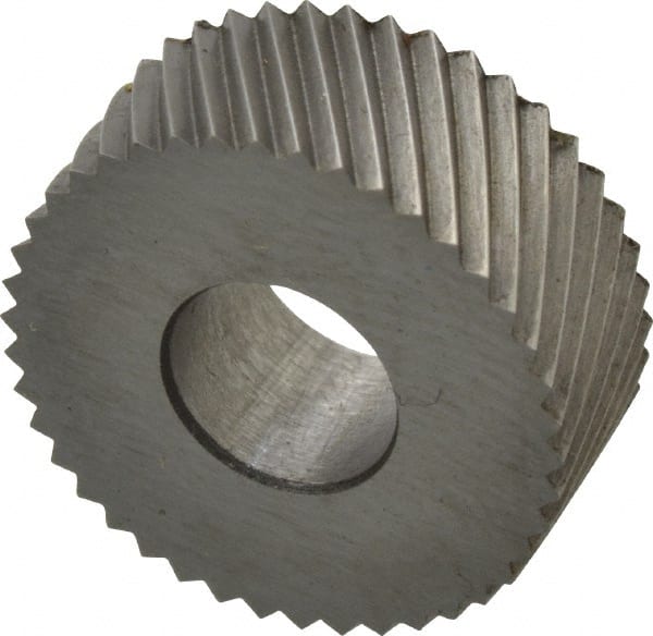 Made in USA - 5/8" Diam, 90° Tooth Angle, 25 TPI, Standard (Shape), Form Type High Speed Steel Left-Hand Diagonal Knurl Wheel - 1/4" Face Width, 1/4" Hole, Circular Pitch, 30° Helix, Bright Finish, Series GK - Exact Tooling