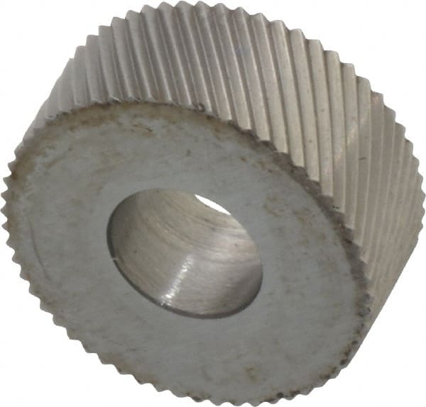 Made in USA - 5/8" Diam, 90° Tooth Angle, 35 TPI, Standard (Shape), Form Type High Speed Steel Left-Hand Diagonal Knurl Wheel - 1/4" Face Width, 1/4" Hole, Circular Pitch, 30° Helix, Bright Finish, Series GK - Exact Tooling