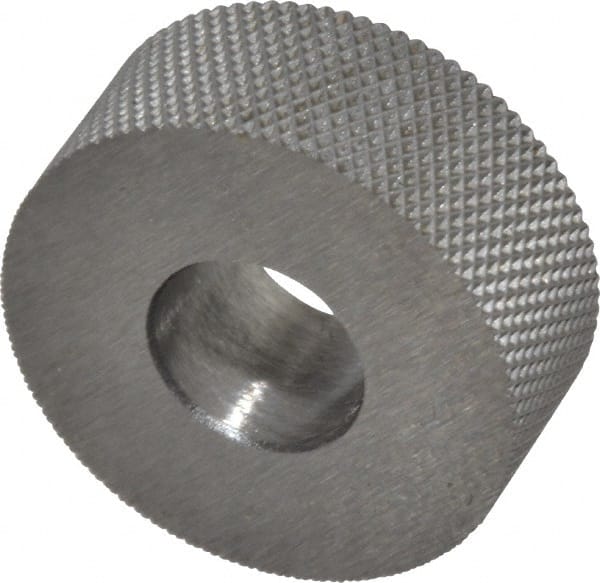 Made in USA - 5/8" Diam, 70° Tooth Angle, 50 TPI, Standard (Shape), Form Type High Speed Steel Female Diamond Knurl Wheel - 1/4" Face Width, 1/4" Hole, Circular Pitch, 30° Helix, Bright Finish, Series GK - Exact Tooling
