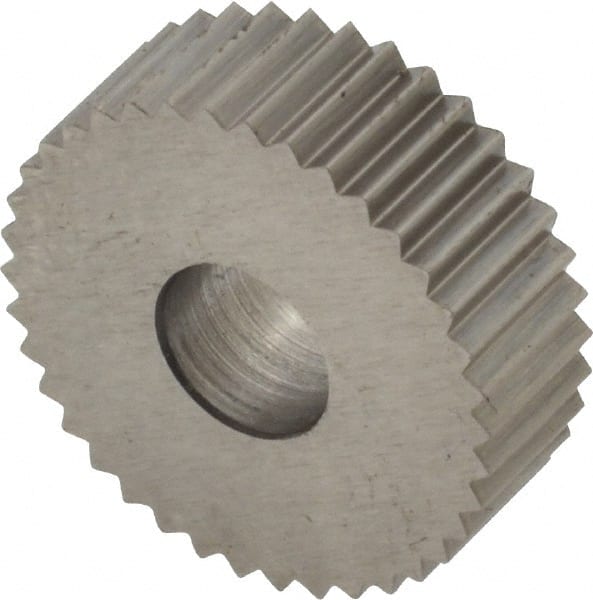Made in USA - 3/4" Diam, 90° Tooth Angle, 16 TPI, Standard (Shape), Form Type High Speed Steel Straight Knurl Wheel - 1/4" Face Width, 1/4" Hole, Circular Pitch, Bright Finish, Series KN - Exact Tooling