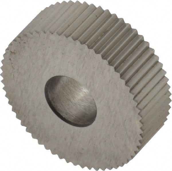 Made in USA - 3/4" Diam, 90° Tooth Angle, 25 TPI, Standard (Shape), Form Type High Speed Steel Straight Knurl Wheel - 1/4" Face Width, 1/4" Hole, Circular Pitch, Bright Finish, Series KN - Exact Tooling