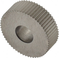 Made in USA - 3/4" Diam, 90° Tooth Angle, 25 TPI, Standard (Shape), Form Type High Speed Steel Straight Knurl Wheel - 1/4" Face Width, 1/4" Hole, Circular Pitch, Bright Finish, Series KN - Exact Tooling