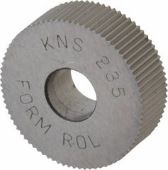 Made in USA - 3/4" Diam, 90° Tooth Angle, 35 TPI, Standard (Shape), Form Type High Speed Steel Straight Knurl Wheel - 1/4" Face Width, 1/4" Hole, Circular Pitch, Bright Finish, Series KN - Exact Tooling
