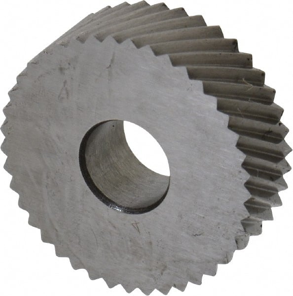 Made in USA - 3/4" Diam, 90° Tooth Angle, 20 TPI, Standard (Shape), Form Type High Speed Steel Right-Hand Diagonal Knurl Wheel - 1/4" Face Width, 1/4" Hole, Circular Pitch, 30° Helix, Bright Finish, Series KN - Exact Tooling