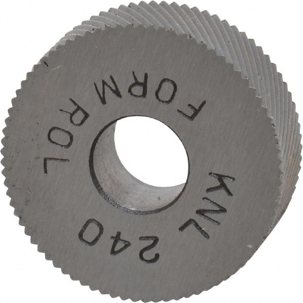 Made in USA - 3/4" Diam, 90° Tooth Angle, 40 TPI, Standard (Shape), Form Type High Speed Steel Left-Hand Diagonal Knurl Wheel - 1/4" Face Width, 1/4" Hole, Circular Pitch, 30° Helix, Bright Finish, Series KN - Exact Tooling