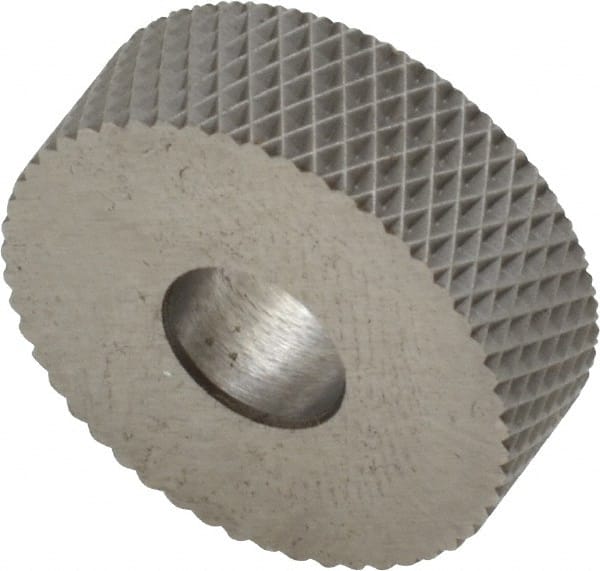 Made in USA - 3/4" Diam, 90° Tooth Angle, 25 TPI, Standard (Shape), Form Type High Speed Steel Female Diamond Knurl Wheel - 1/4" Face Width, 1/4" Hole, Circular Pitch, 30° Helix, Bright Finish, Series KN - Exact Tooling