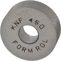 Made in USA - 3/4" Diam, 70° Tooth Angle, 50 TPI, Standard (Shape), Form Type High Speed Steel Female Diamond Knurl Wheel - 1/4" Face Width, 1/4" Hole, Circular Pitch, 30° Helix, Bright Finish, Series KN - Exact Tooling