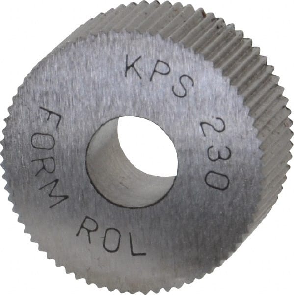 Made in USA - 3/4" Diam, 90° Tooth Angle, 30 TPI, Standard (Shape), Form Type High Speed Steel Straight Knurl Wheel - 3/8" Face Width, 1/4" Hole, Circular Pitch, Bright Finish, Series KP - Exact Tooling