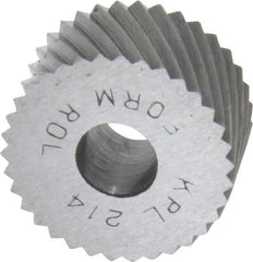 Made in USA - 3/4" Diam, 90° Tooth Angle, 14 TPI, Standard (Shape), Form Type High Speed Steel Left-Hand Diagonal Knurl Wheel - 3/8" Face Width, 1/4" Hole, Circular Pitch, 30° Helix, Bright Finish, Series KP - Exact Tooling