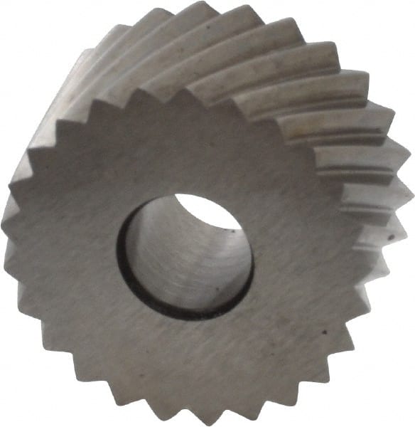 Made in USA - 3/4" Diam, 90° Tooth Angle, 12 TPI, Standard (Shape), Form Type High Speed Steel Right-Hand Diagonal Knurl Wheel - 3/8" Face Width, 1/4" Hole, Circular Pitch, 30° Helix, Bright Finish, Series KP - Exact Tooling