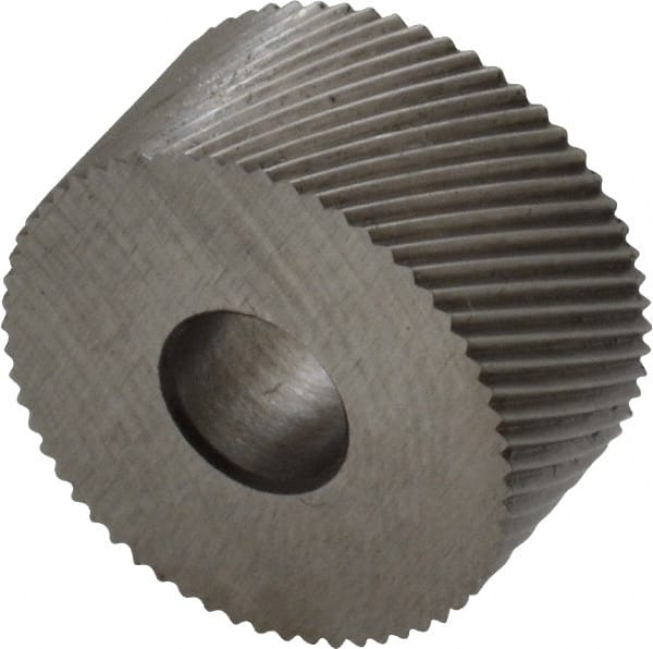 Made in USA - 3/4" Diam, 90° Tooth Angle, 30 TPI, Standard (Shape), Form Type High Speed Steel Right-Hand Diagonal Knurl Wheel - 3/8" Face Width, 1/4" Hole, Circular Pitch, 30° Helix, Bright Finish, Series KP - Exact Tooling