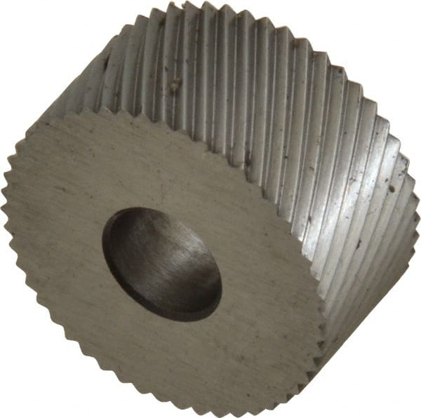 Made in USA - 3/4" Diam, 90° Tooth Angle, 21 TPI, Standard (Shape), Form Type High Speed Steel Left-Hand Diagonal Knurl Wheel - 3/8" Face Width, 1/4" Hole, Circular Pitch, 30° Helix, Bright Finish, Series KP - Exact Tooling