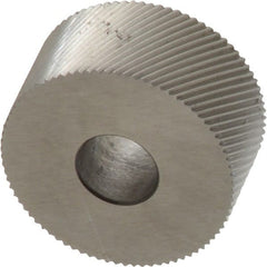 Made in USA - 3/4" Diam, 90° Tooth Angle, 40 TPI, Standard (Shape), Form Type High Speed Steel Right-Hand Diagonal Knurl Wheel - 3/8" Face Width, 1/4" Hole, Circular Pitch, 30° Helix, Bright Finish, Series KP - Exact Tooling