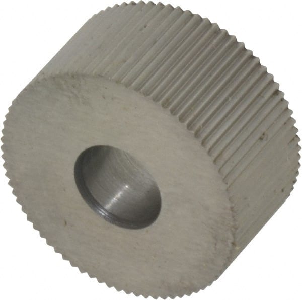 Made in USA - 3/4" Diam, 90° Tooth Angle, 33 TPI, Standard (Shape), Form Type High Speed Steel Straight Knurl Wheel - 3/8" Face Width, 1/4" Hole, Circular Pitch, Bright Finish, Series KP - Exact Tooling