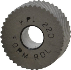 Made in USA - 3/4" Diam, 90° Tooth Angle, 20 TPI, Standard (Shape), Form Type High Speed Steel Left-Hand Diagonal Knurl Wheel - 3/8" Face Width, 1/4" Hole, Circular Pitch, 30° Helix, Bright Finish, Series KP - Exact Tooling