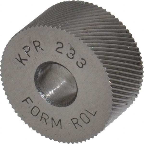 Made in USA - 3/4" Diam, 90° Tooth Angle, 33 TPI, Standard (Shape), Form Type High Speed Steel Right-Hand Diagonal Knurl Wheel - 3/8" Face Width, 1/4" Hole, Circular Pitch, 30° Helix, Bright Finish, Series KP - Exact Tooling