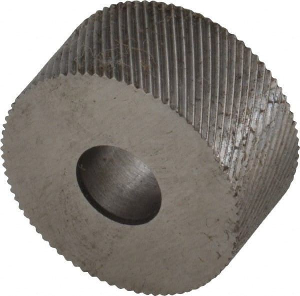 Made in USA - 3/4" Diam, 90° Tooth Angle, 40 TPI, Standard (Shape), Form Type High Speed Steel Left-Hand Diagonal Knurl Wheel - 3/8" Face Width, 1/4" Hole, Circular Pitch, 30° Helix, Bright Finish, Series KP - Exact Tooling
