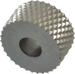 Made in USA - 3/4" Diam, 90° Tooth Angle, 16 TPI, Standard (Shape), Form Type High Speed Steel Male Diamond Knurl Wheel - 3/8" Face Width, 1/4" Hole, Circular Pitch, 30° Helix, Bright Finish, Series KP - Exact Tooling