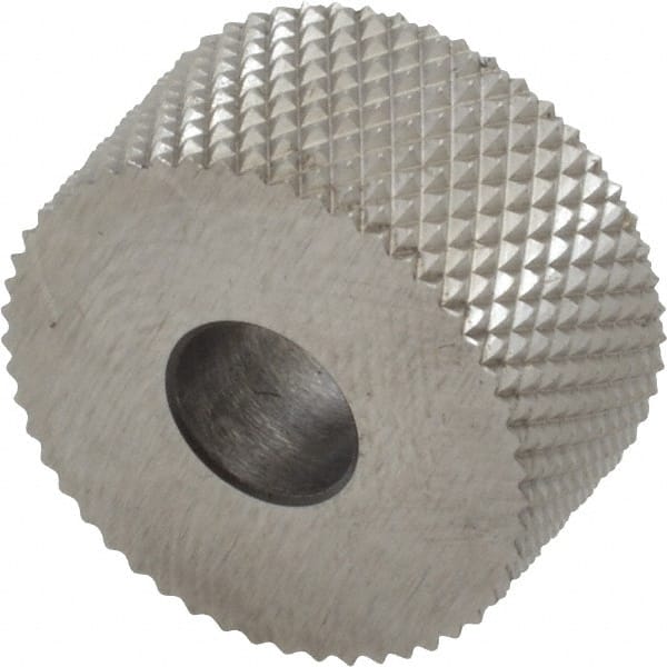 Made in USA - 3/4" Diam, 90° Tooth Angle, 25 TPI, Standard (Shape), Form Type High Speed Steel Male Diamond Knurl Wheel - 3/8" Face Width, 1/4" Hole, Circular Pitch, 30° Helix, Bright Finish, Series KP - Exact Tooling