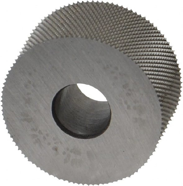 Made in USA - 3/4" Diam, 70° Tooth Angle, 50 TPI, Standard (Shape), Form Type High Speed Steel Male Diamond Knurl Wheel - 3/8" Face Width, 1/4" Hole, Circular Pitch, 30° Helix, Bright Finish, Series KP - Exact Tooling