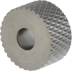 Made in USA - 3/4" Diam, 90° Tooth Angle, 16 TPI, Standard (Shape), Form Type High Speed Steel Female Diamond Knurl Wheel - 3/8" Face Width, 1/4" Hole, Circular Pitch, 30° Helix, Bright Finish, Series KP - Exact Tooling