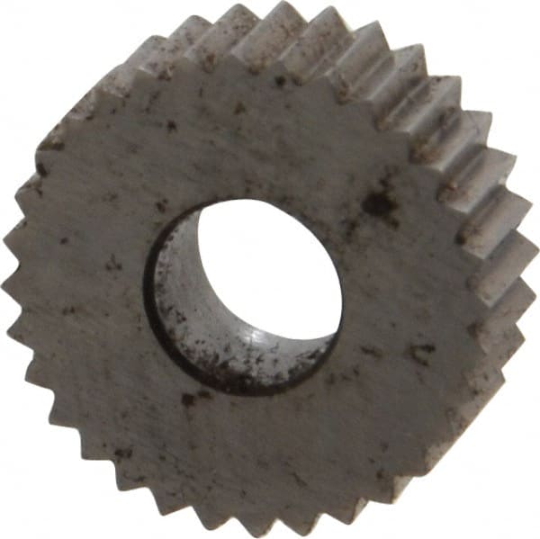 Made in USA - 1/2" Diam, 90° Tooth Angle, 20 TPI, Standard (Shape), Form Type Cobalt Straight Knurl Wheel - 3/16" Face Width, 3/16" Hole, Circular Pitch, Bright Finish, Series EP - Exact Tooling
