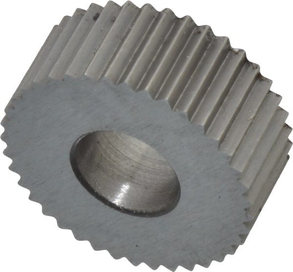 Made in USA - 5/8" Diam, 90° Tooth Angle, 20 TPI, Standard (Shape), Form Type Cobalt Straight Knurl Wheel - 1/4" Face Width, 1/4" Hole, Circular Pitch, Bright Finish, Series GK - Exact Tooling