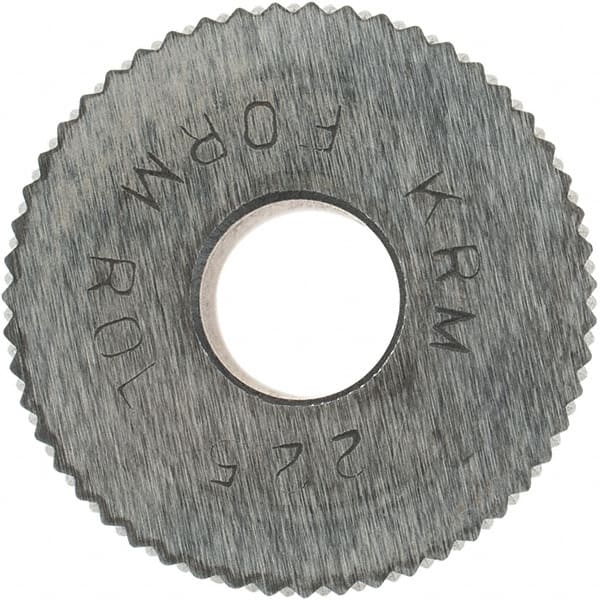 Made in USA - 3/4" Diam, 90° Tooth Angle, 25 TPI, Standard (Shape), Form Type High Speed Steel Male Diamond Knurl Wheel - 1/2" Face Width, 1/4" Hole, Circular Pitch, 30° Helix, Bright Finish, Series KR - Exact Tooling