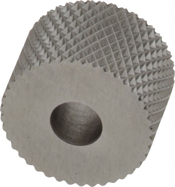 Made in USA - 3/4" Diam, 90° Tooth Angle, 20 TPI, Standard (Shape), Form Type High Speed Steel Female Diamond Knurl Wheel - 1/2" Face Width, 1/4" Hole, Circular Pitch, 30° Helix, Bright Finish, Series KR - Exact Tooling