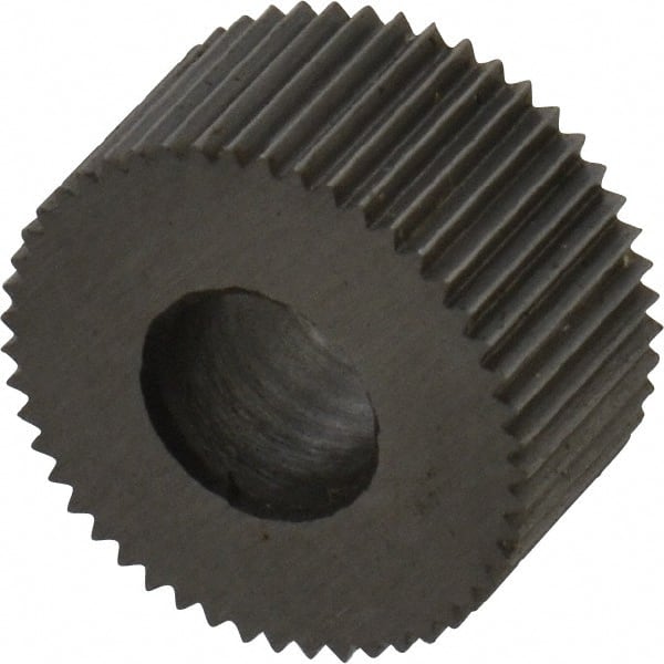 Made in USA - 5/16" Diam, 70° Tooth Angle, 50 TPI, Standard (Shape), Form Type High Speed Steel Straight Knurl Wheel - 5/32" Face Width, 1/8" Hole, Circular Pitch, Bright Finish, Series BP - Exact Tooling