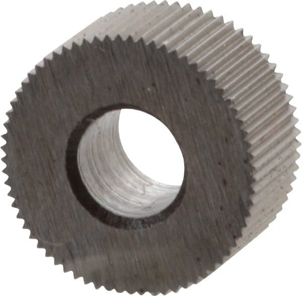 Made in USA - 5/16" Diam, 70° Tooth Angle, 70 TPI, Standard (Shape), Form Type High Speed Steel Straight Knurl Wheel - 5/32" Face Width, 1/8" Hole, Circular Pitch, Bright Finish, Series BP - Exact Tooling