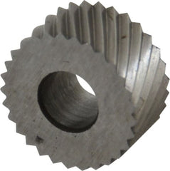 Made in USA - 5/16" Diam, 90° Tooth Angle, 35 TPI, Standard (Shape), Form Type High Speed Steel Left-Hand Diagonal Knurl Wheel - 5/32" Face Width, 1/8" Hole, Circular Pitch, 30° Helix, Bright Finish, Series BP - Exact Tooling