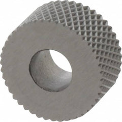 Made in USA - 5/16" Diam, 70° Tooth Angle, 50 TPI, Standard (Shape), Form Type High Speed Steel Female Diamond Knurl Wheel - 5/32" Face Width, 1/8" Hole, Circular Pitch, 30° Helix, Bright Finish, Series BP - Exact Tooling