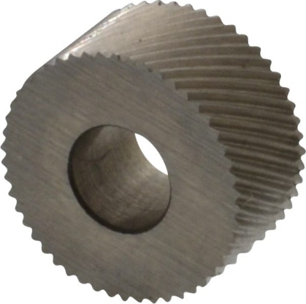 Made in USA - 5/16" Diam, 80° Tooth Angle, Standard (Shape), Form Type Cobalt Right-Hand Diagonal Knurl Wheel - 5/32" Face Width, 1/8" Hole, 160 Diametral Pitch, 30° Helix, Bright Finish, Series BP - Exact Tooling
