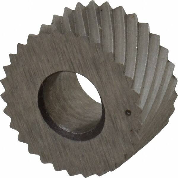 Made in USA - 5/16" Diam, 80° Tooth Angle, Standard (Shape), Form Type Cobalt Left-Hand Diagonal Knurl Wheel - 5/32" Face Width, 1/8" Hole, 96 Diametral Pitch, 30° Helix, Bright Finish, Series BP - Exact Tooling