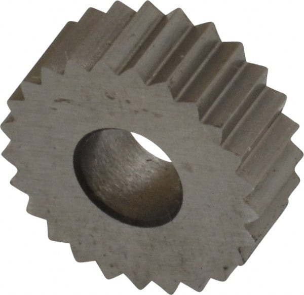 Made in USA - 1/2" Diam, 90° Tooth Angle, 16 TPI, Standard (Shape), Form Type High Speed Steel Straight Knurl Wheel - 3/16" Face Width, 3/16" Hole, Circular Pitch, Bright Finish, Series EP - Exact Tooling