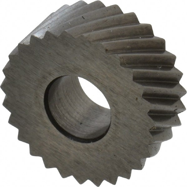 Made in USA - 5/8" Diam, 90° Tooth Angle, 16 TPI, Standard (Shape), Form Type High Speed Steel Right-Hand Diagonal Knurl Wheel - 1/4" Face Width, 1/4" Hole, Circular Pitch, 30° Helix, Bright Finish, Series GK - Exact Tooling