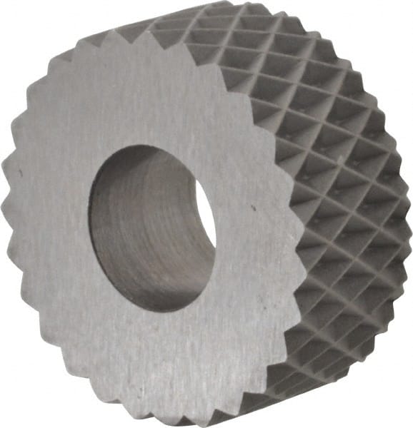 Made in USA - 5/8" Diam, 90° Tooth Angle, 16 TPI, Standard (Shape), Form Type High Speed Steel Female Diamond Knurl Wheel - 1/4" Face Width, 1/4" Hole, Circular Pitch, 30° Helix, Bright Finish, Series GK - Exact Tooling