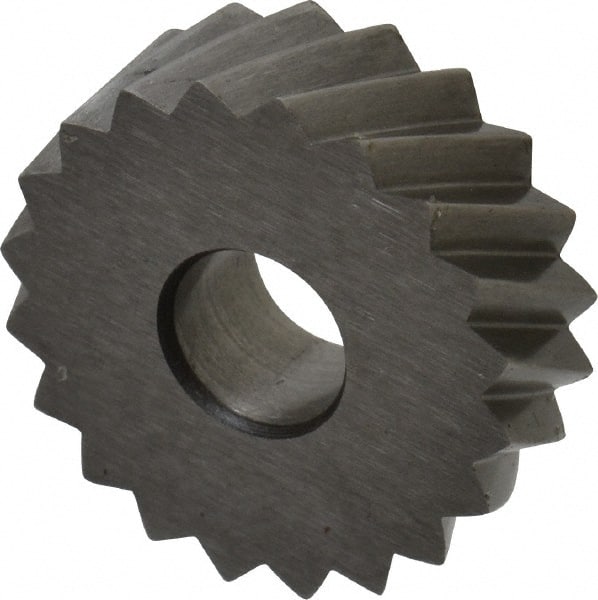 Made in USA - 3/4" Diam, 90° Tooth Angle, 10 TPI, Standard (Shape), Form Type High Speed Steel Right-Hand Diagonal Knurl Wheel - 1/4" Face Width, 1/4" Hole, Circular Pitch, 30° Helix, Bright Finish, Series KN - Exact Tooling