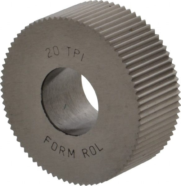 Made in USA - 1-1/4" Diam, 90° Tooth Angle, 20 TPI, Standard (Shape), Form Type High Speed Steel Straight Knurl Wheel - 1/2" Face Width, 1/2" Hole, Circular Pitch, Bright Finish, Series PH - Exact Tooling
