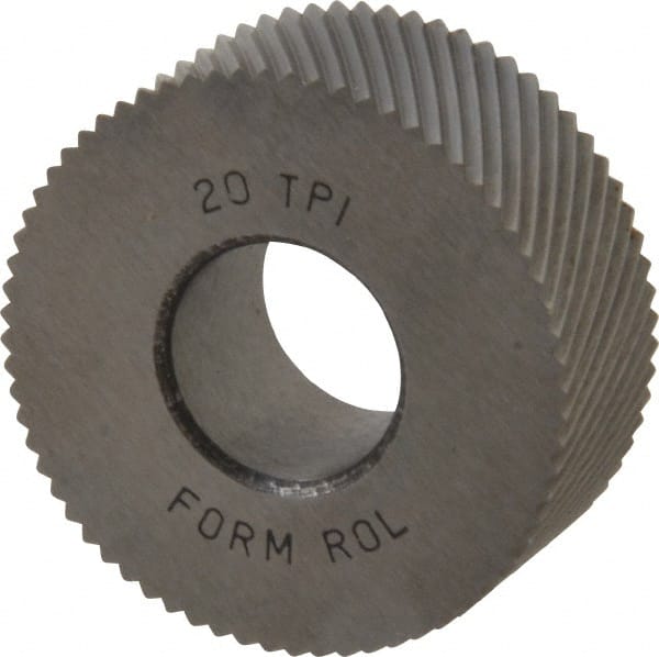 Made in USA - 1-1/4" Diam, 90° Tooth Angle, 20 TPI, Standard (Shape), Form Type High Speed Steel Left-Hand Diagonal Knurl Wheel - 1/2" Face Width, 1/2" Hole, Circular Pitch, 30° Helix, Bright Finish, Series PH - Exact Tooling