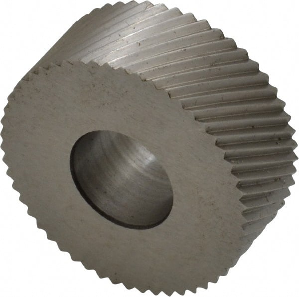 Made in USA - 1-1/4" Diam, 90° Tooth Angle, 16 TPI, Standard (Shape), Form Type Cobalt Right-Hand Diagonal Knurl Wheel - 1/2" Face Width, 1/2" Hole, Circular Pitch, 30° Helix, Bright Finish, Series PH - Exact Tooling